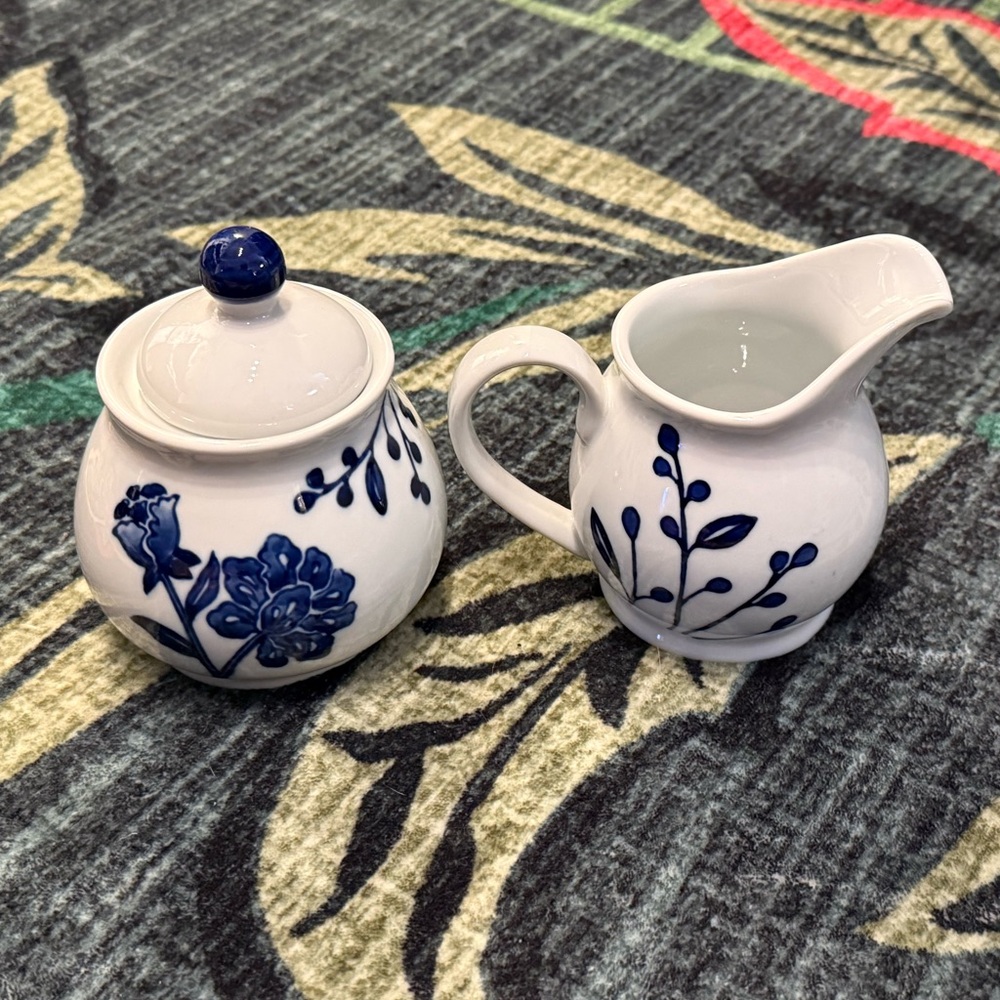 Blue & White Ceramic Creamer and Sugar Set